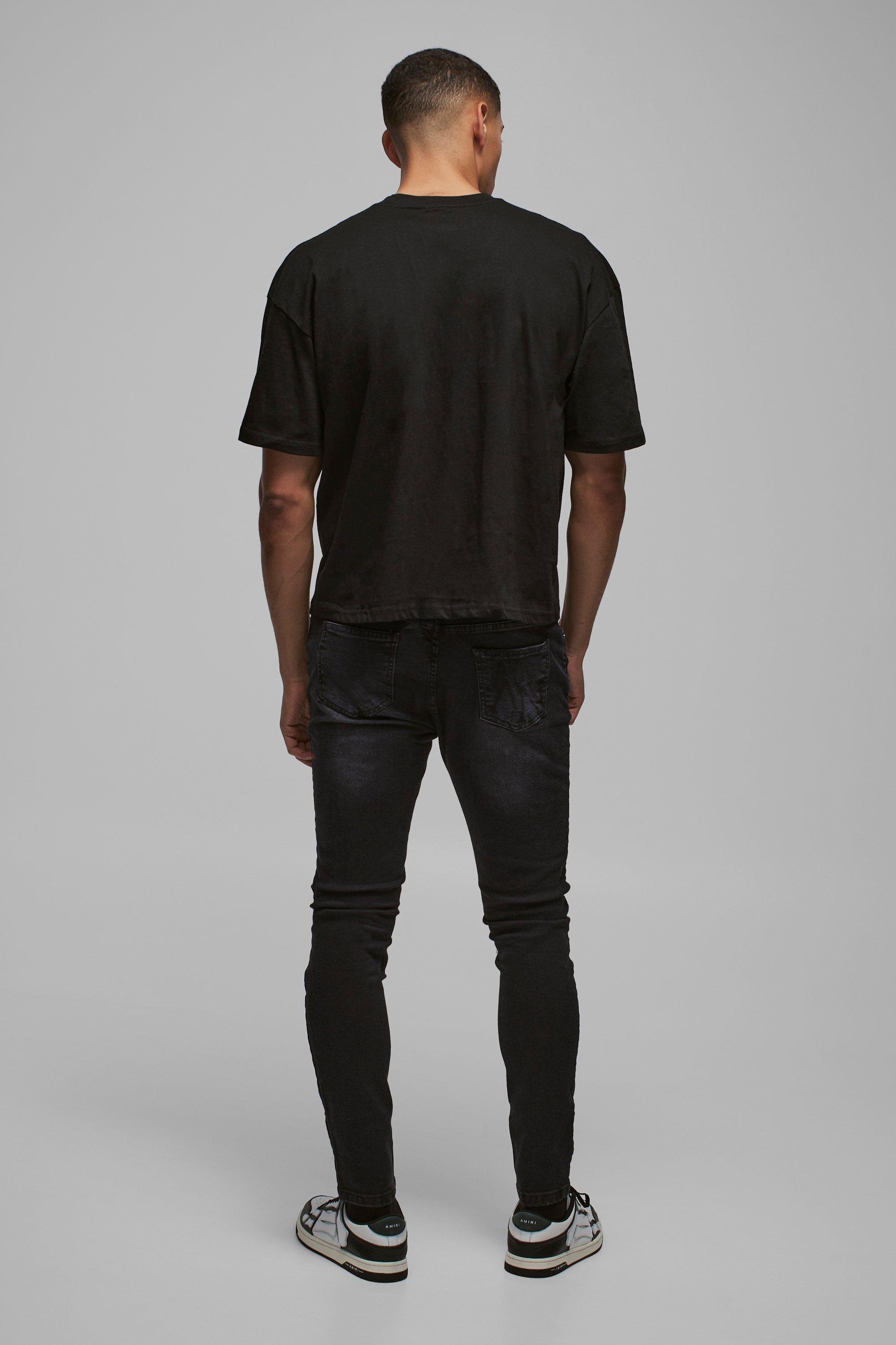 boohooMAN Men s Skinny Stretch True Black Pu Biker Rip Repair Jeans